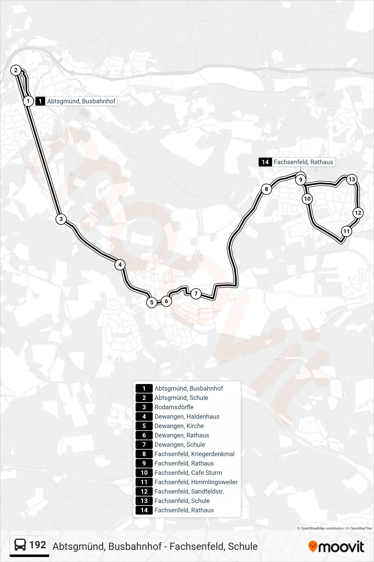 192 bus Line (Fachsenfeld, Rathaus) route and stops on a map