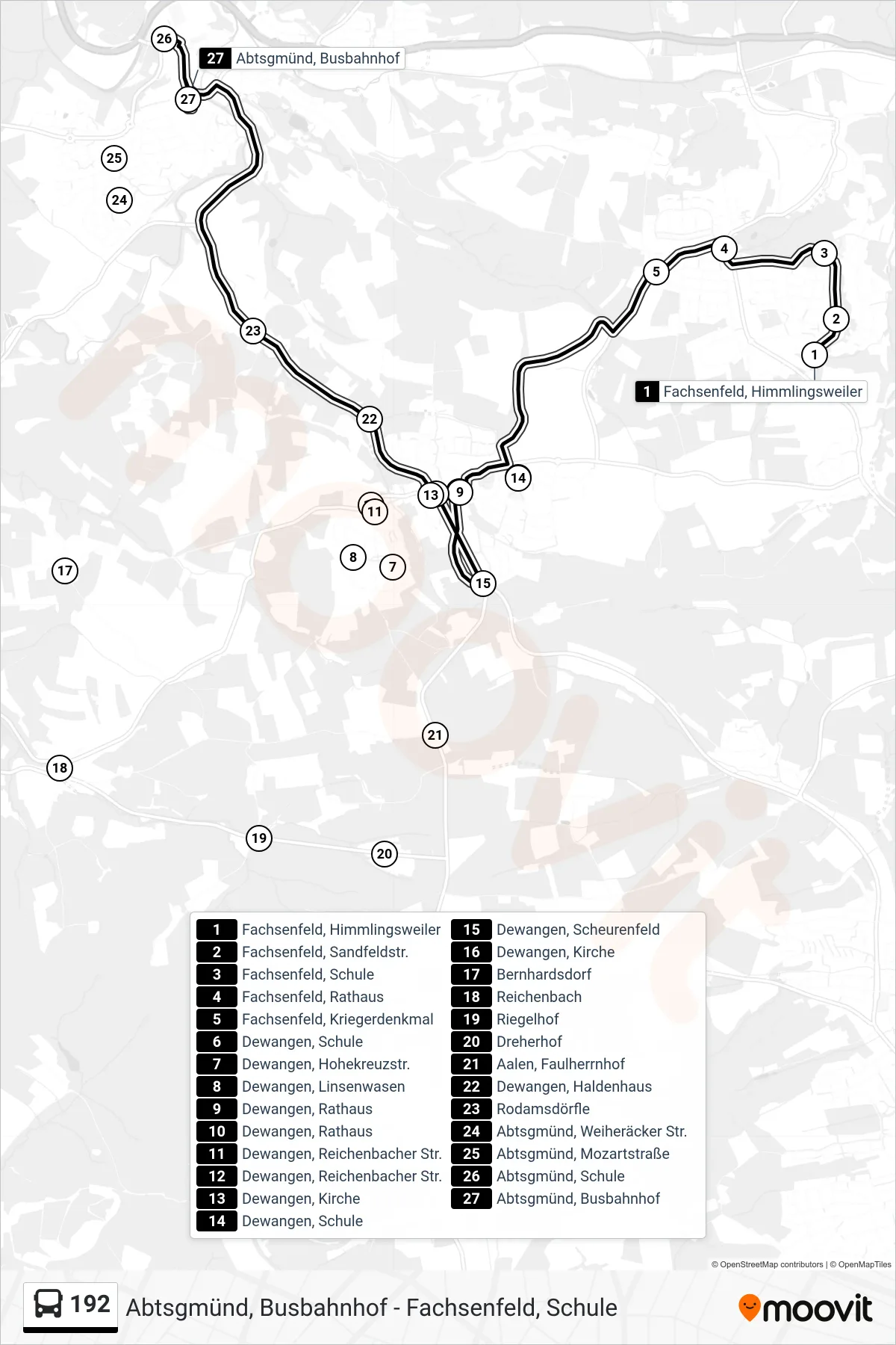 192 bus Line (Abtsgmünd, Busbahnhof) route and stops on a map