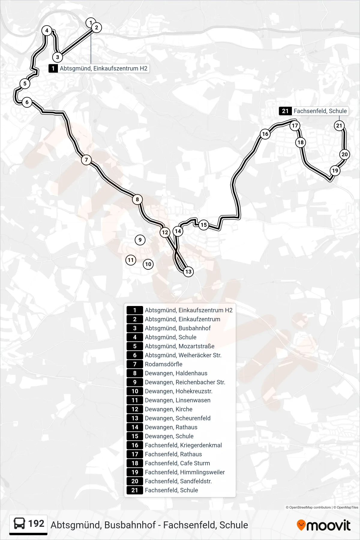 192 bus Line (Fachsenfeld, Schule) route and stops on a map