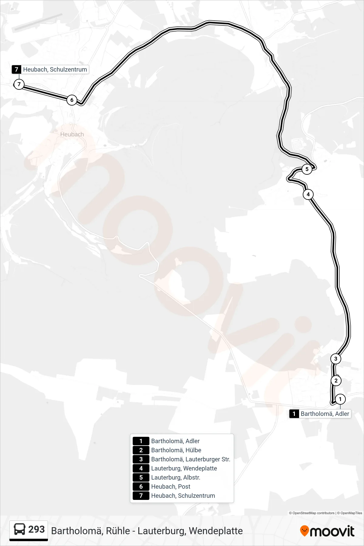 293 bus Line (Heubach, Schulzentrum) route and stops on a map