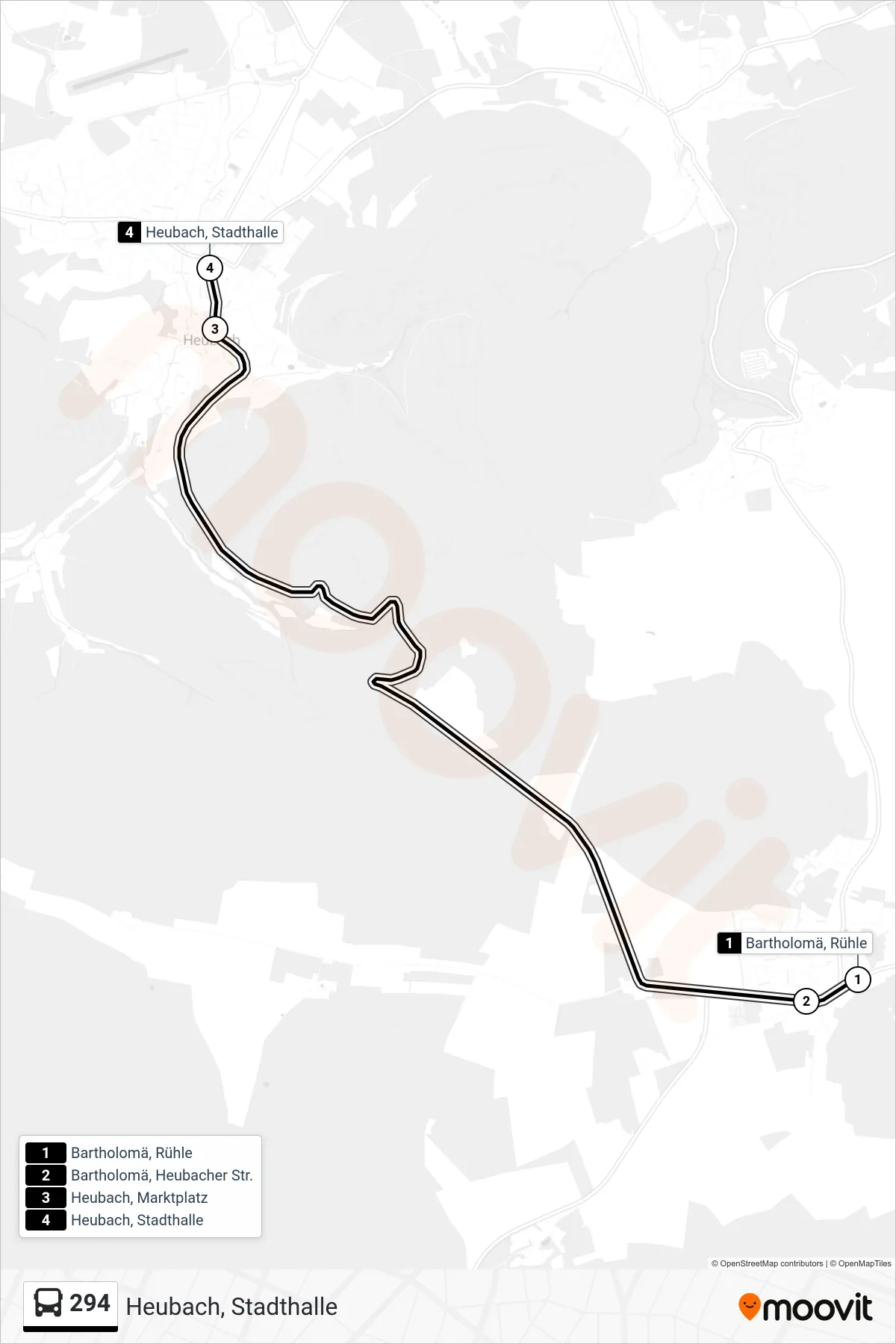 294 bus Line (Heubach, Stadthalle) route and stops on a map