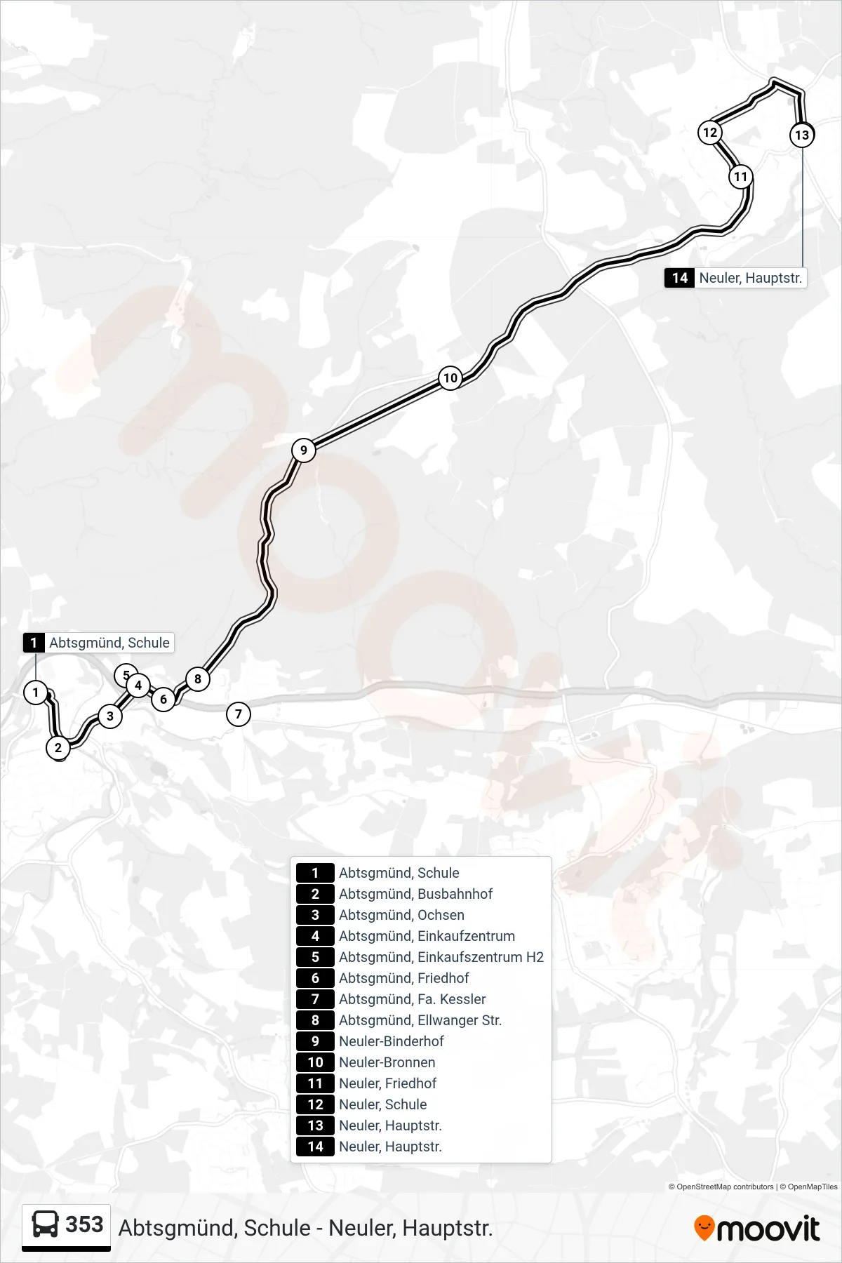 Linie 353 (Bus) Richtung Neuler, Hauptstr.: Route und Haltestellen auf der Karte