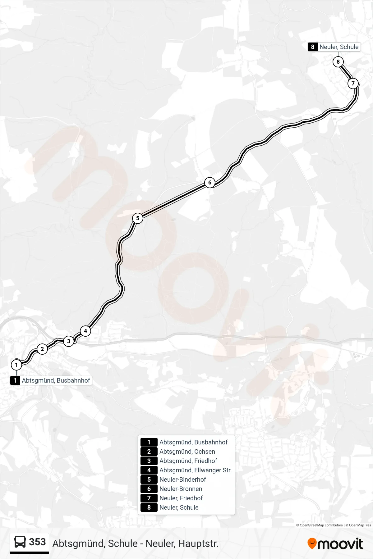 353 bus Line (Neuler, Schule) route and stops on a map