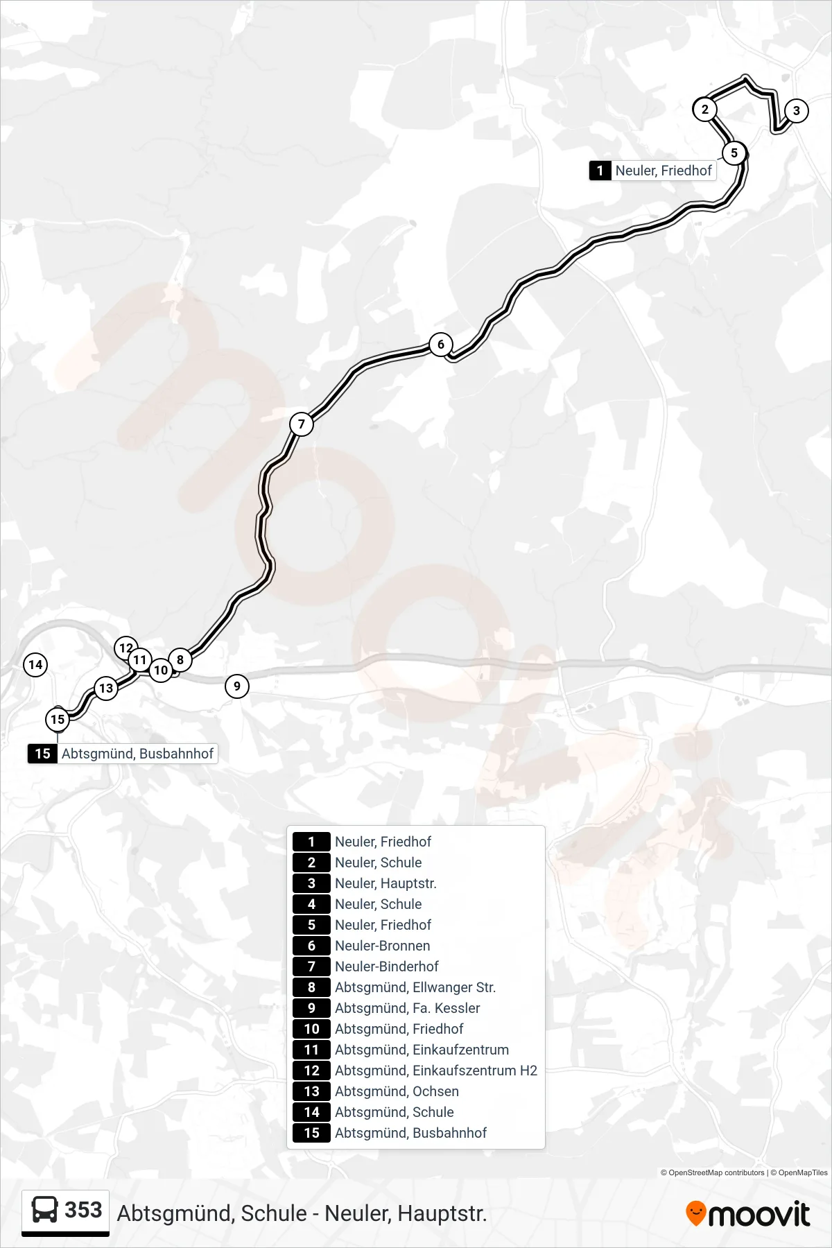 353 bus Line (Abtsgmünd, Busbahnhof) route and stops on a map