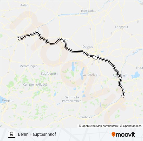 KUFSTEIN BAHNHOF - ULM HAUPTBAHNHOF Train Line Map