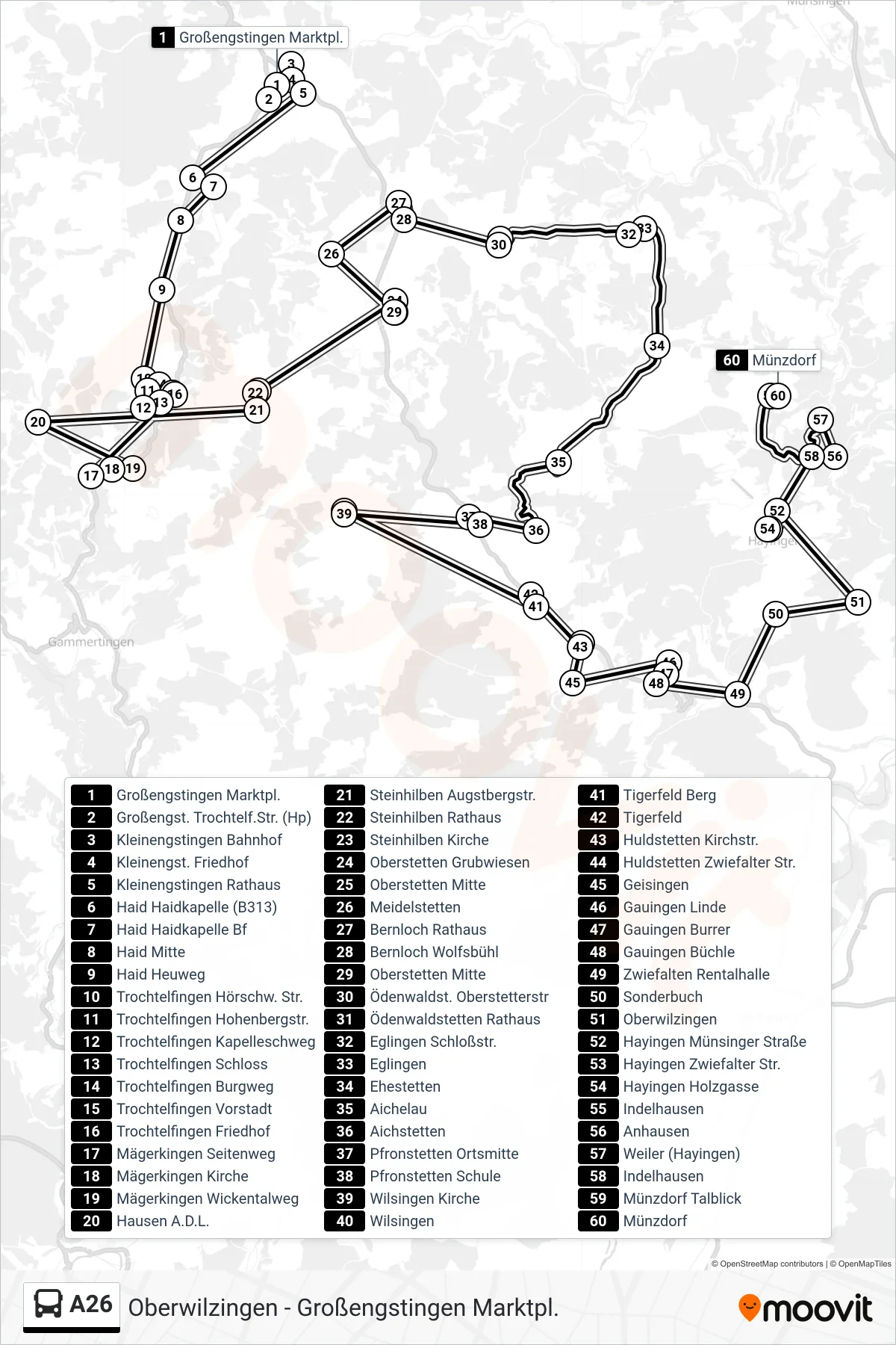 A26 bus Line (Münzdorf) route and stops on a map