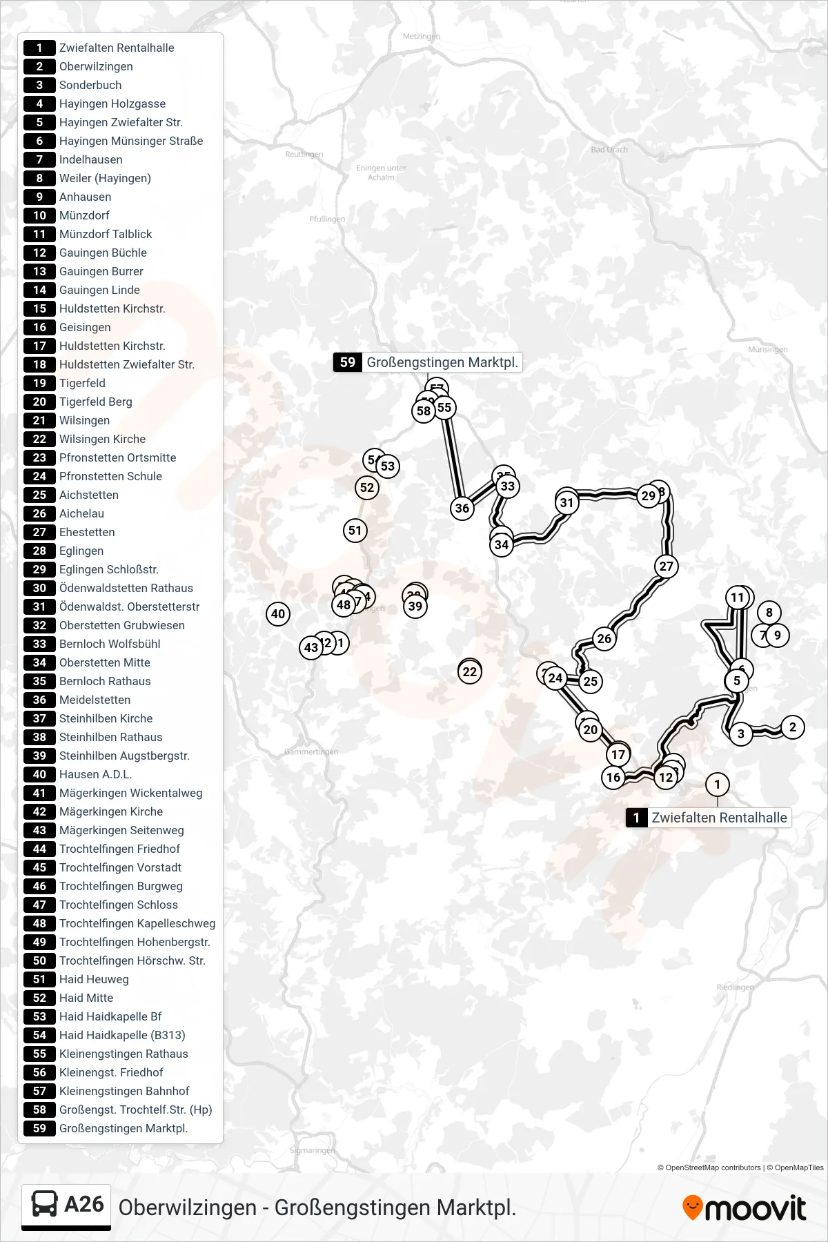 A26 bus Line (Großengstingen Marktpl.) route and stops on a map