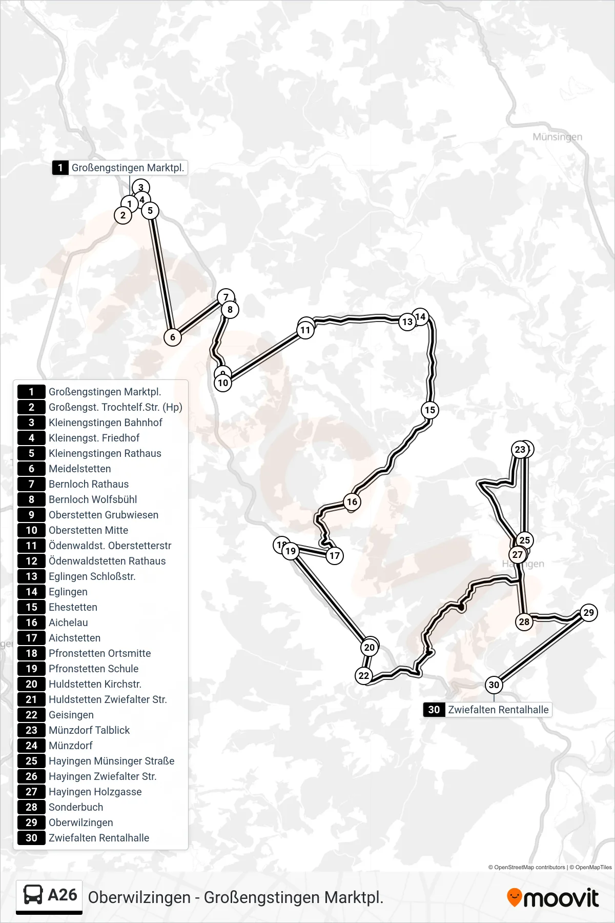 A26 bus Line (Zwiefalten Rentalhalle) route and stops on a map