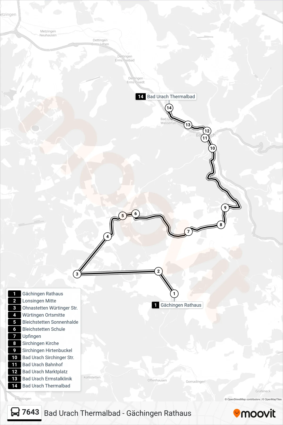 Linie 7643 (Bus) Richtung Bad Urach Thermalbad: Route und Haltestellen auf der Karte