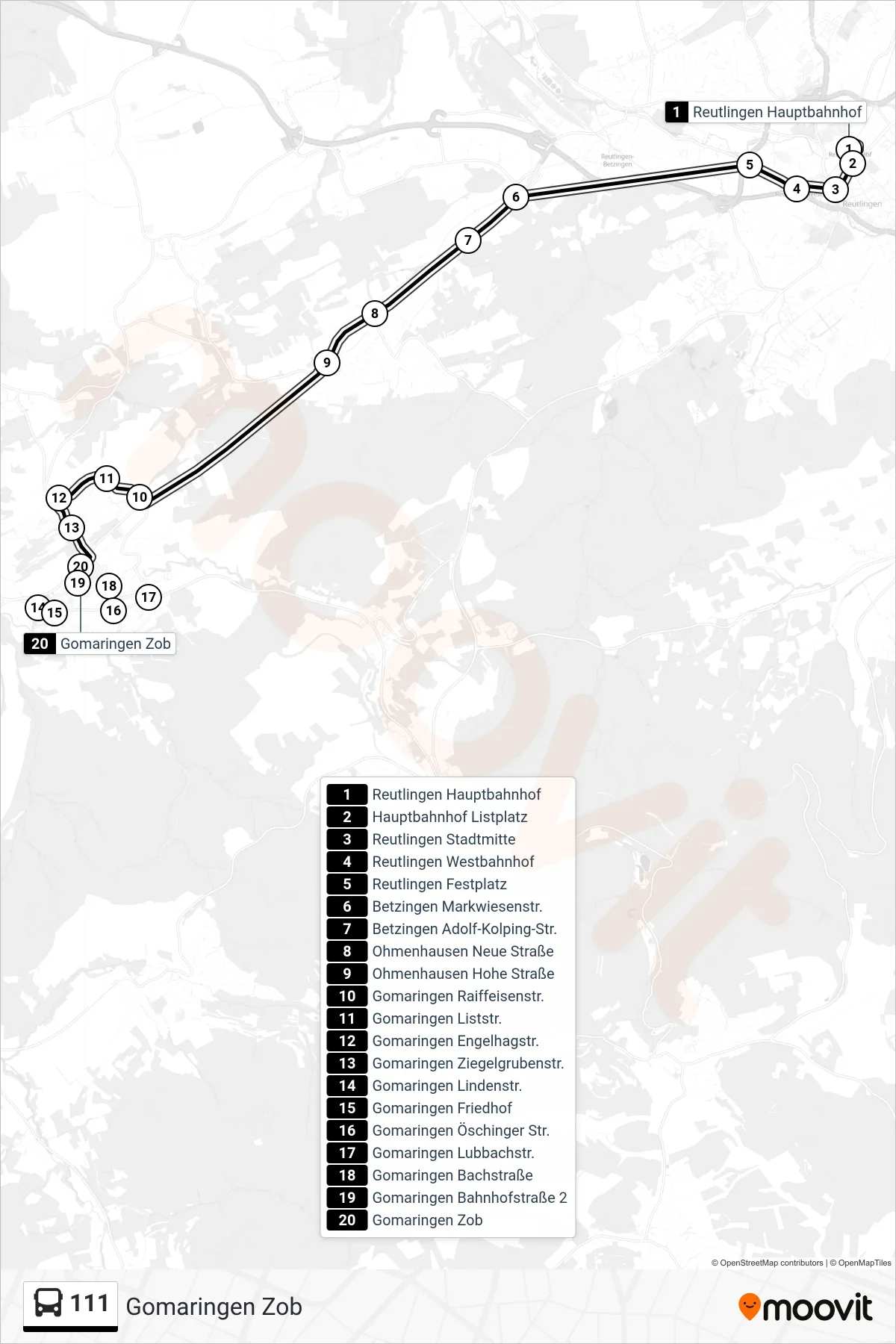111 bus Line (Gomaringen Zob) route and stops on a map