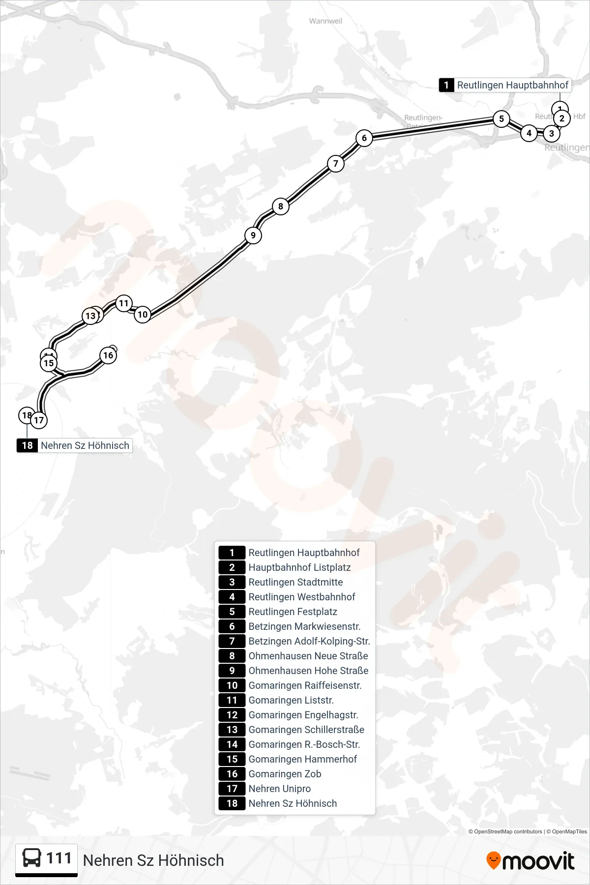 111 bus Line (Nehren Sz Höhnisch) route and stops on a map