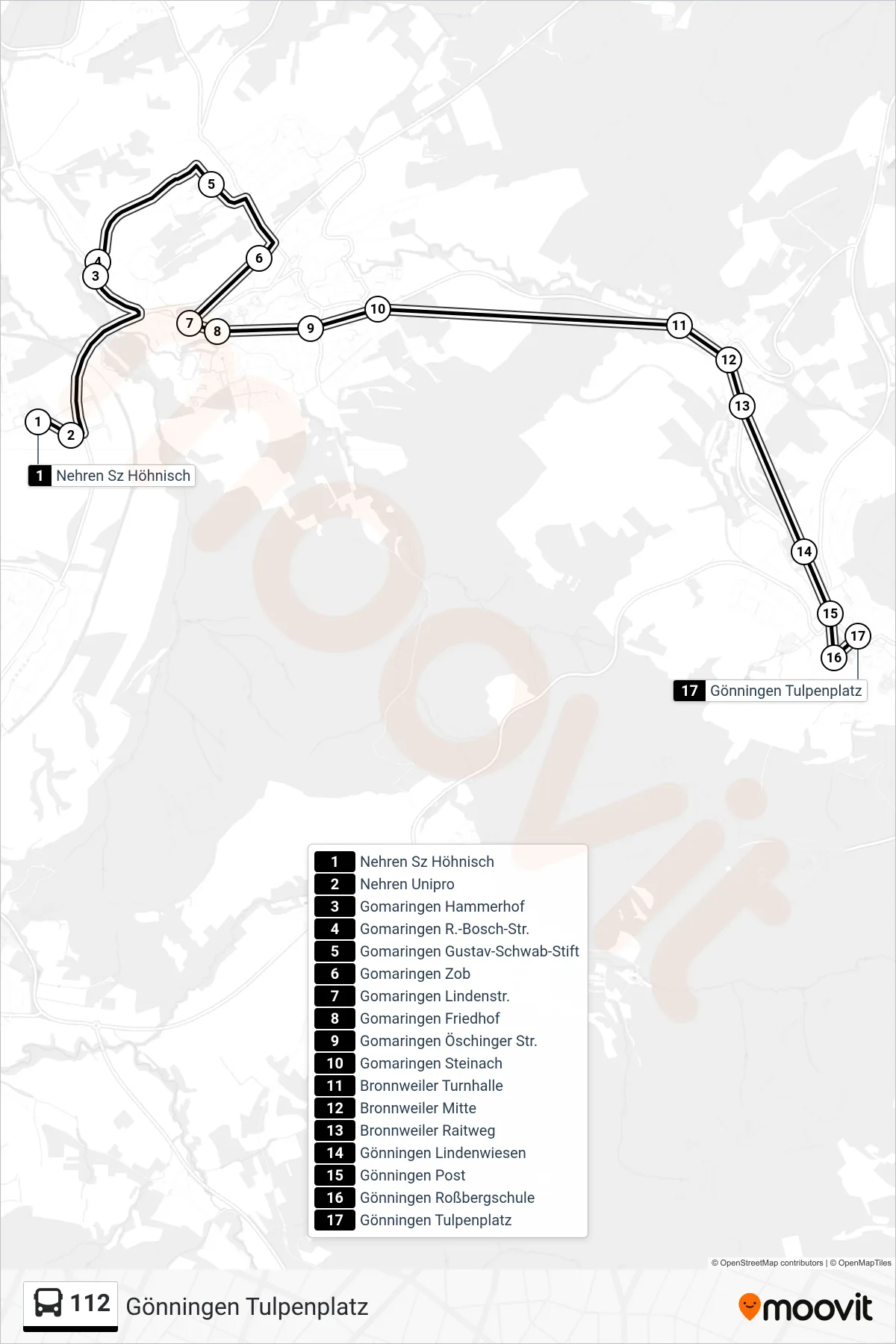 112 bus Line (Gönningen Tulpenplatz) route and stops on a map
