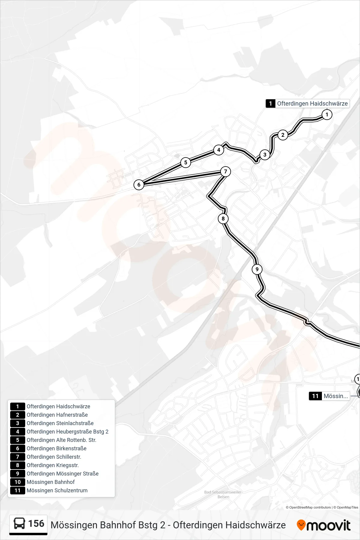 156 bus Line (Mössingen Schulzentrum) route and stops on a map