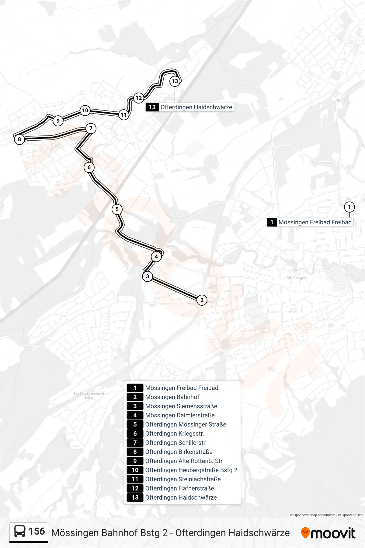 Linie 156 (Bus) Richtung Ofterdingen Haidschwärze: Route und Haltestellen auf der Karte