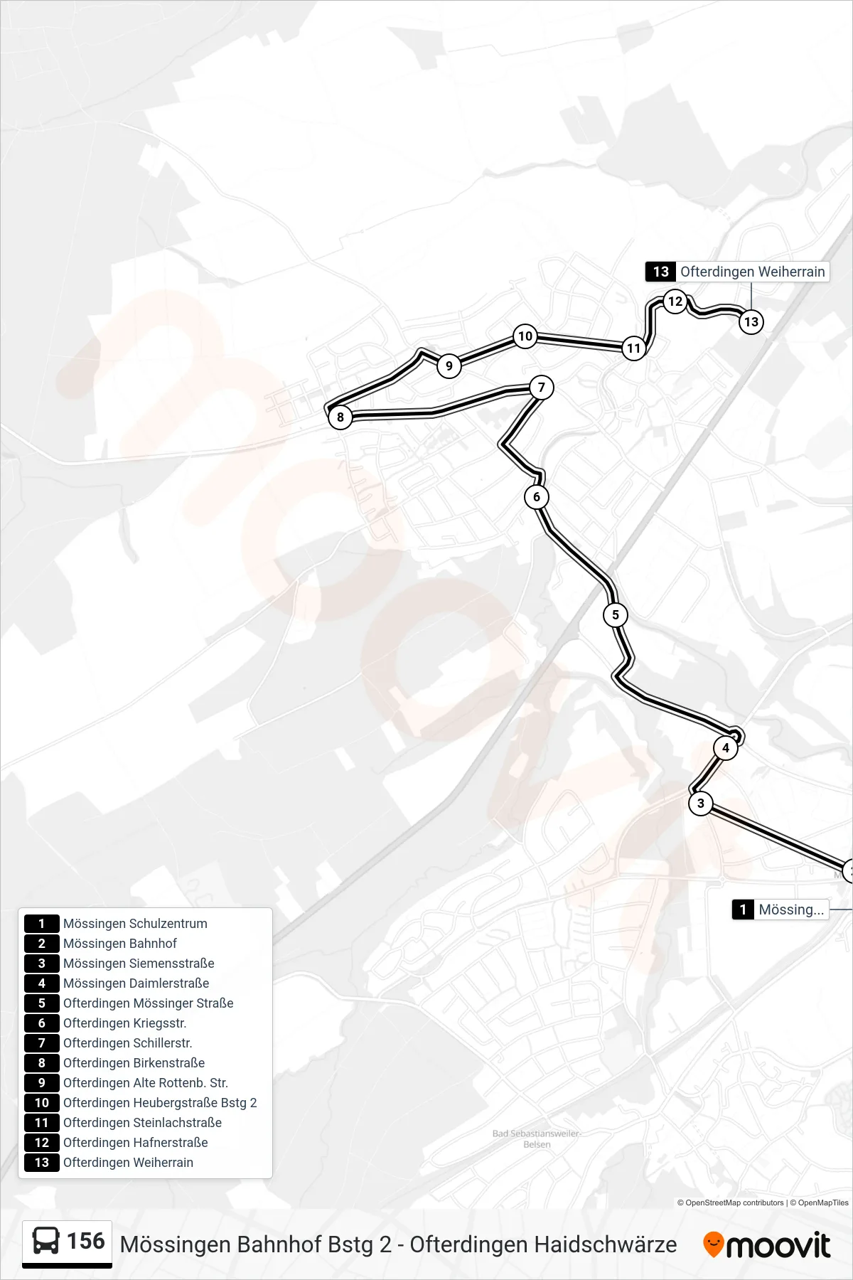 156 bus Line (Ofterdingen Weiherrain) route and stops on a map
