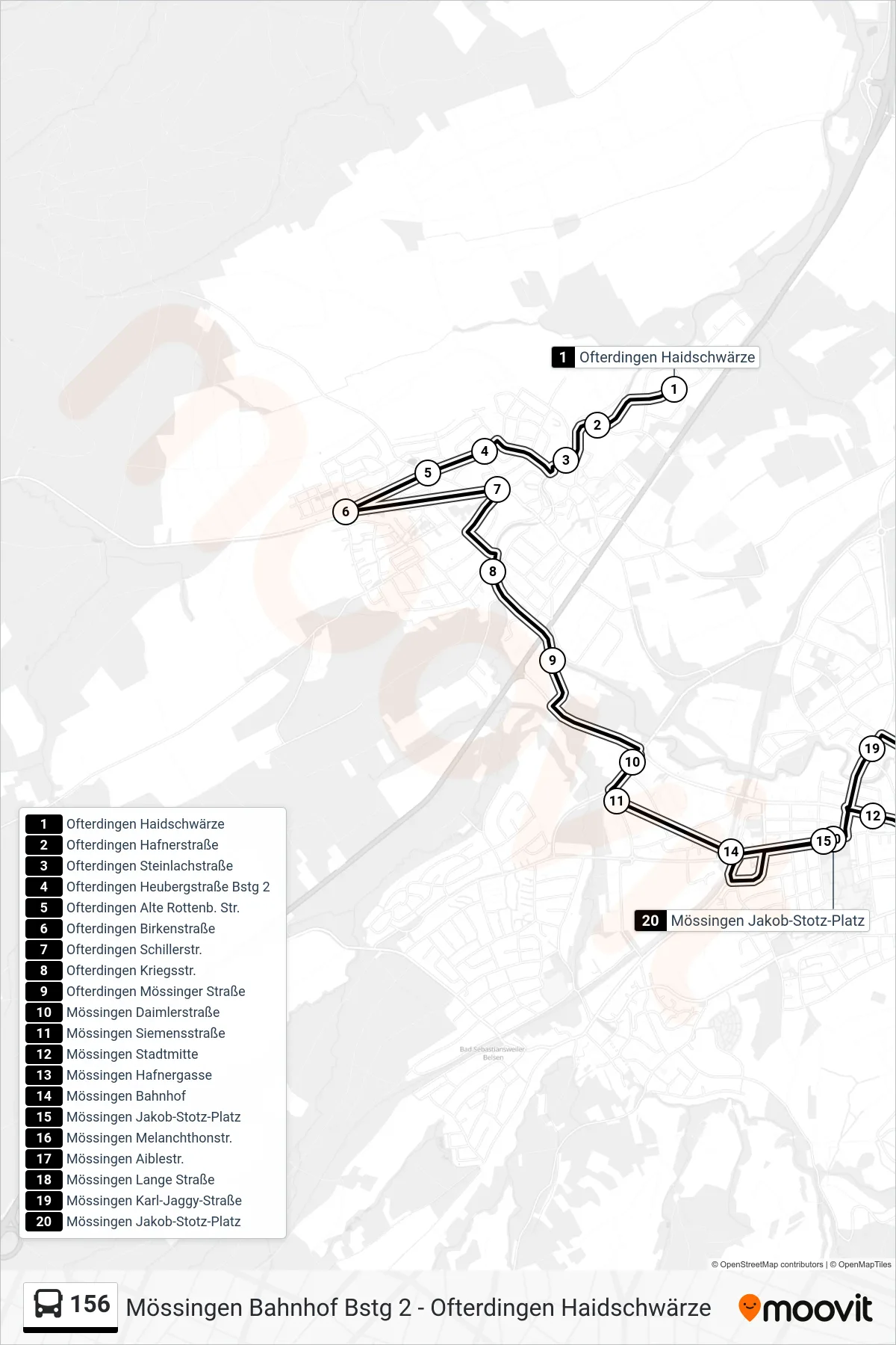 156 bus Line (Mössingen Bahnhof) route and stops on a map