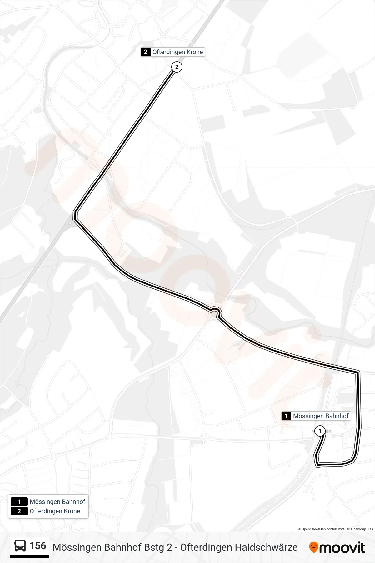 156 bus Line (Ofterdingen Krone) route and stops on a map