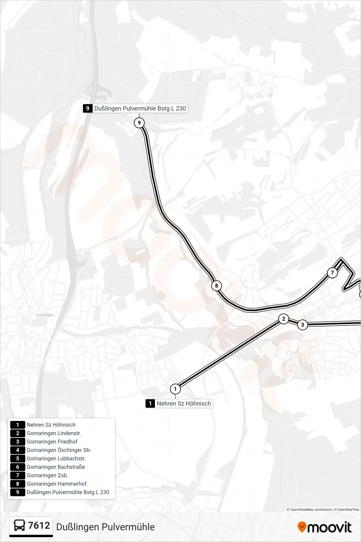 7612 bus Line (Dußlingen Pulvermühle) route and stops on a map