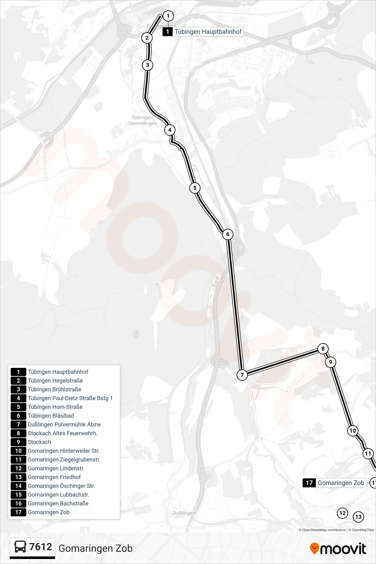 7612 bus Line (Gomaringen Zob) route and stops on a map