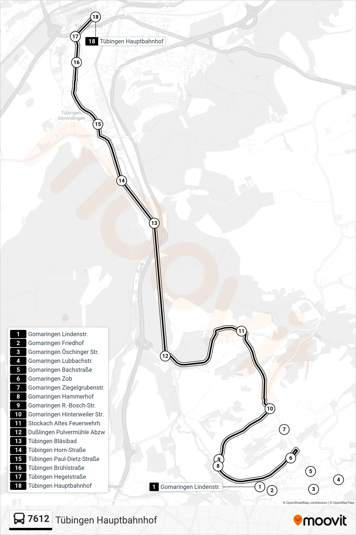 7612 bus Line (Tübingen Hauptbahnhof) route and stops on a map