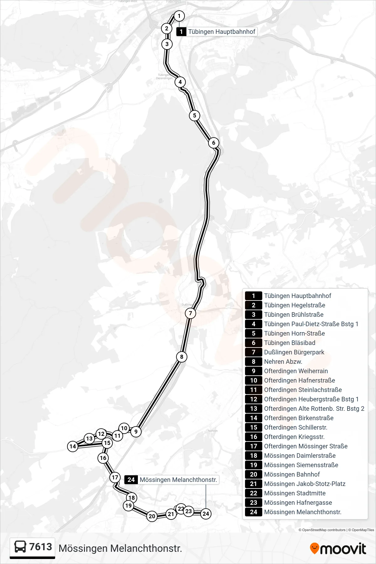 7613 bus Line (Mössingen Melanchthonstr.) route and stops on a map