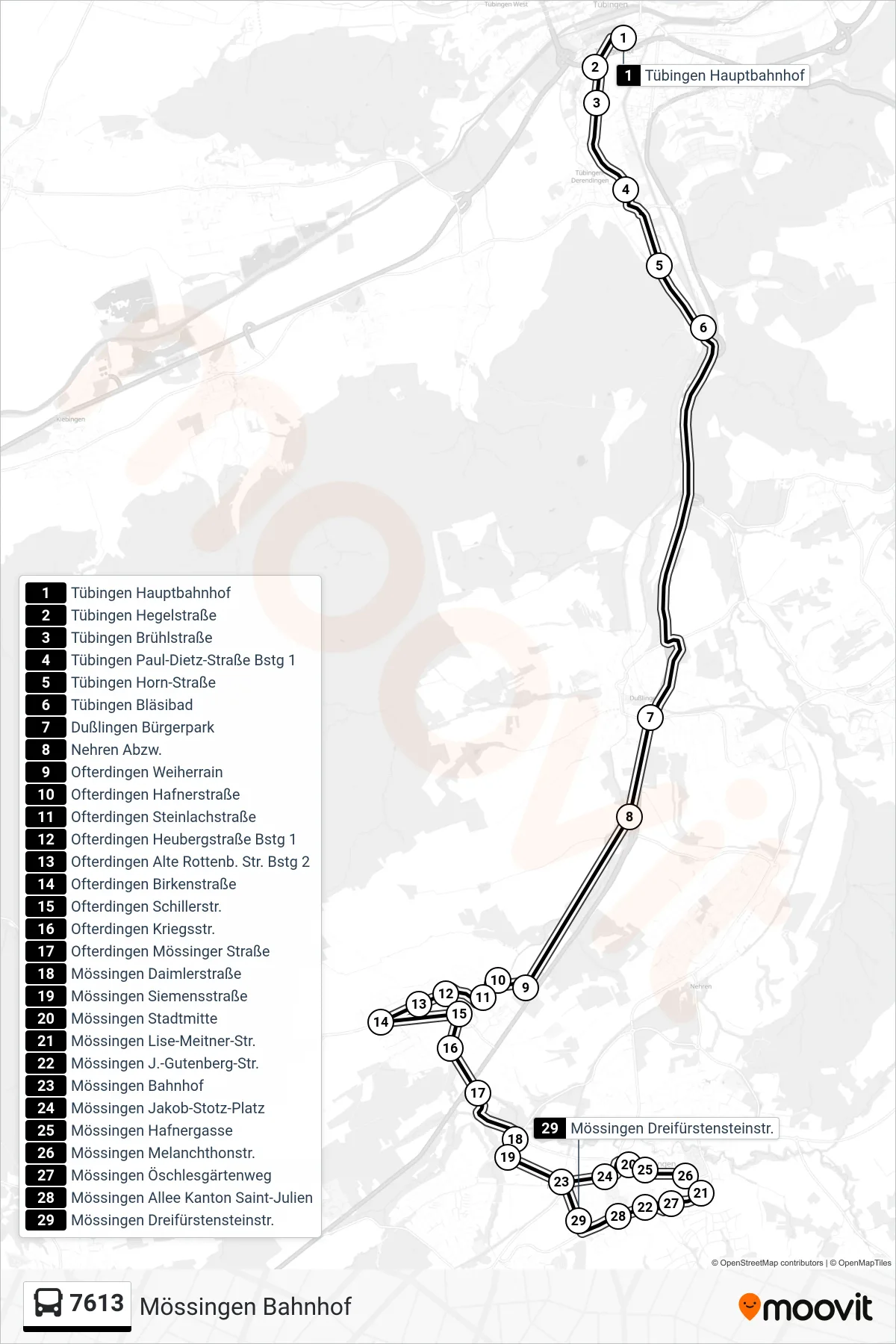 7613 bus Line (Mössingen Bahnhof) route and stops on a map