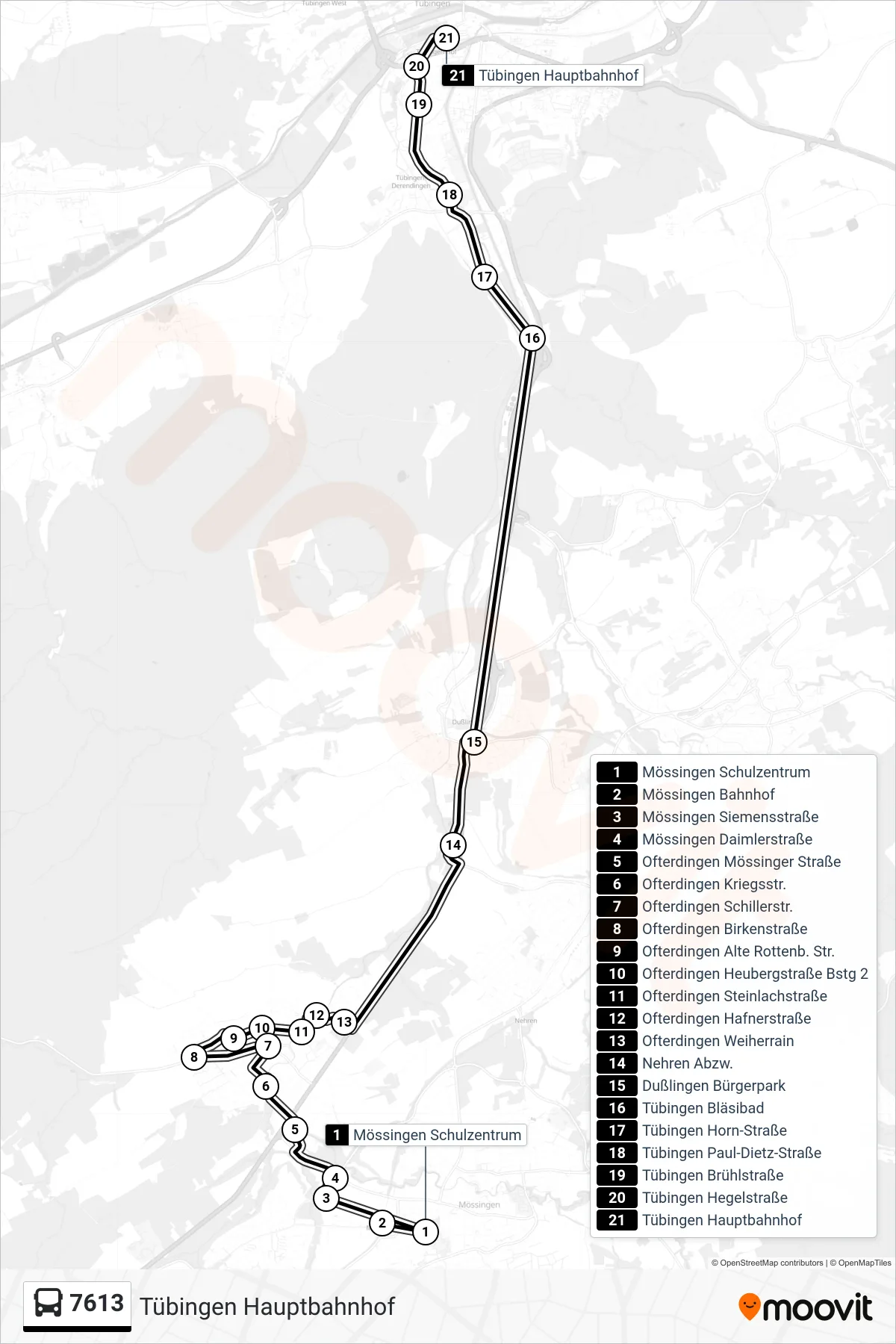 7613 bus Line (Tübingen Hauptbahnhof) route and stops on a map