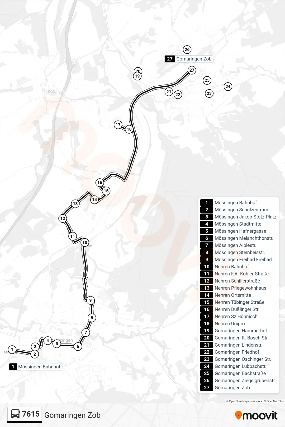 7615 bus Line (Gomaringen Zob) route and stops on a map