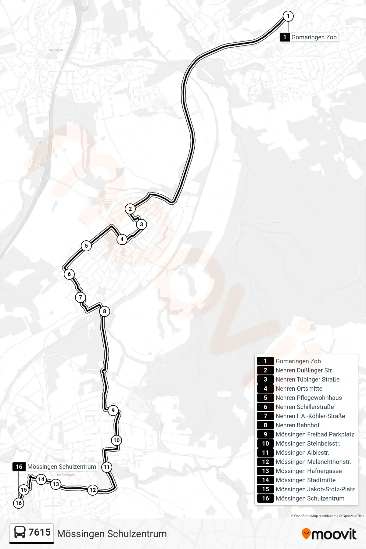 7615 bus Line (Mössingen Schulzentrum) route and stops on a map