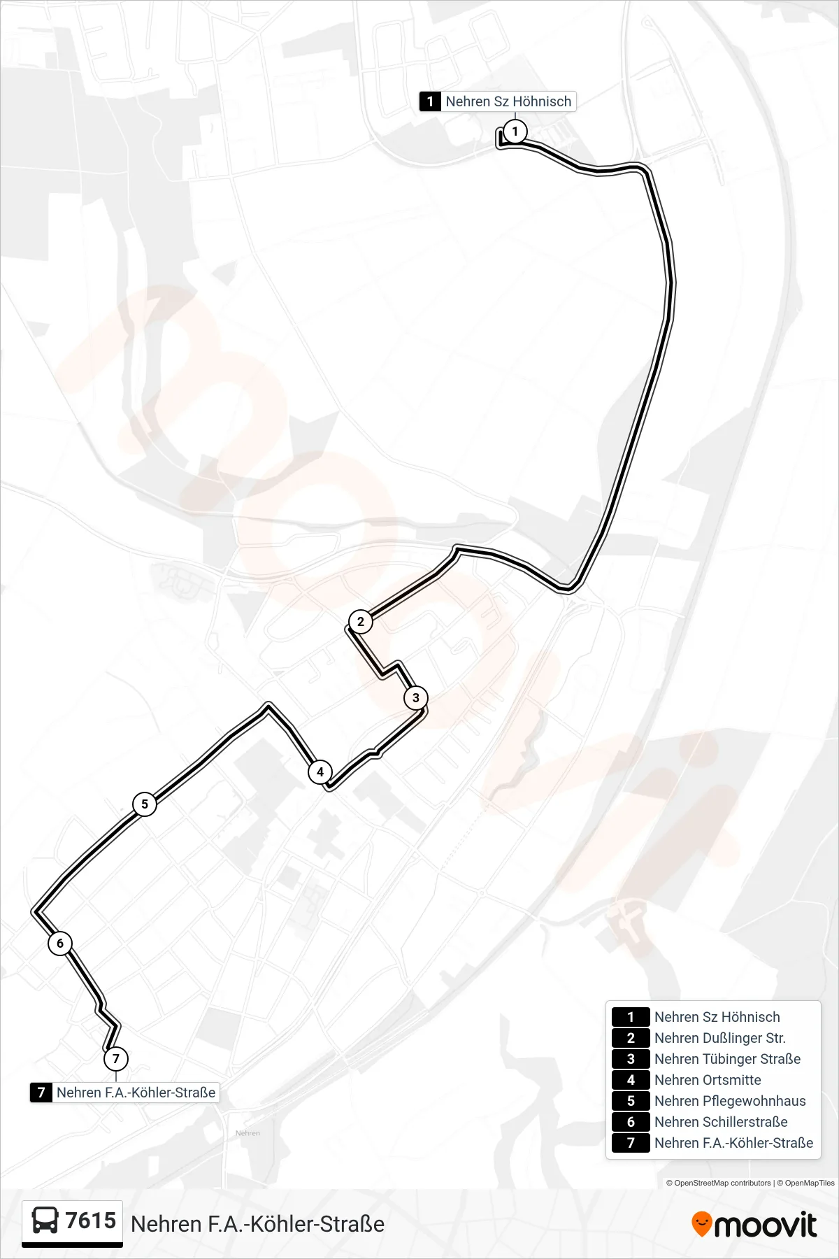 7615 bus Line (Nehren F.A.-Köhler-Straße) route and stops on a map