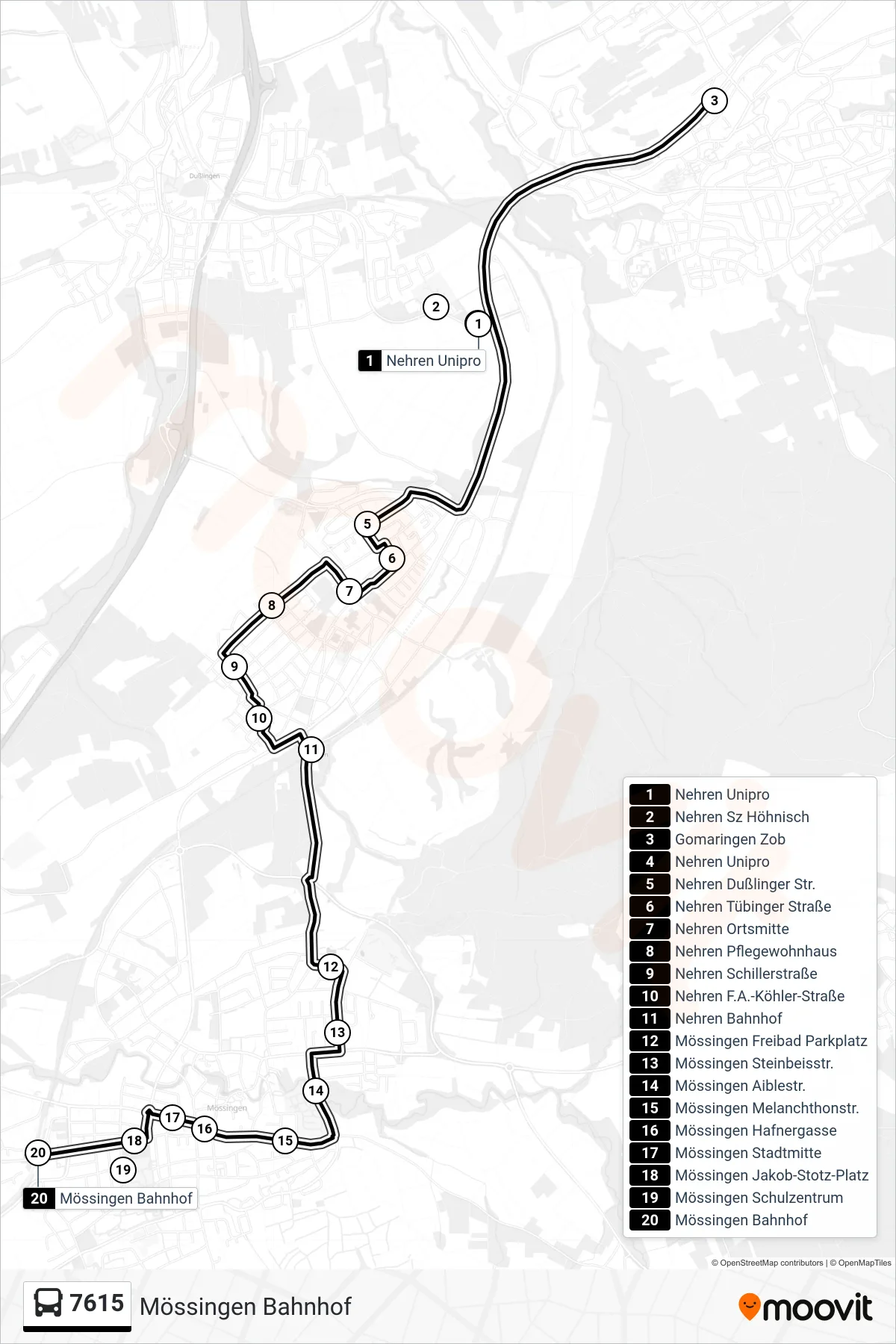 7615 bus Line (Mössingen Bahnhof) route and stops on a map