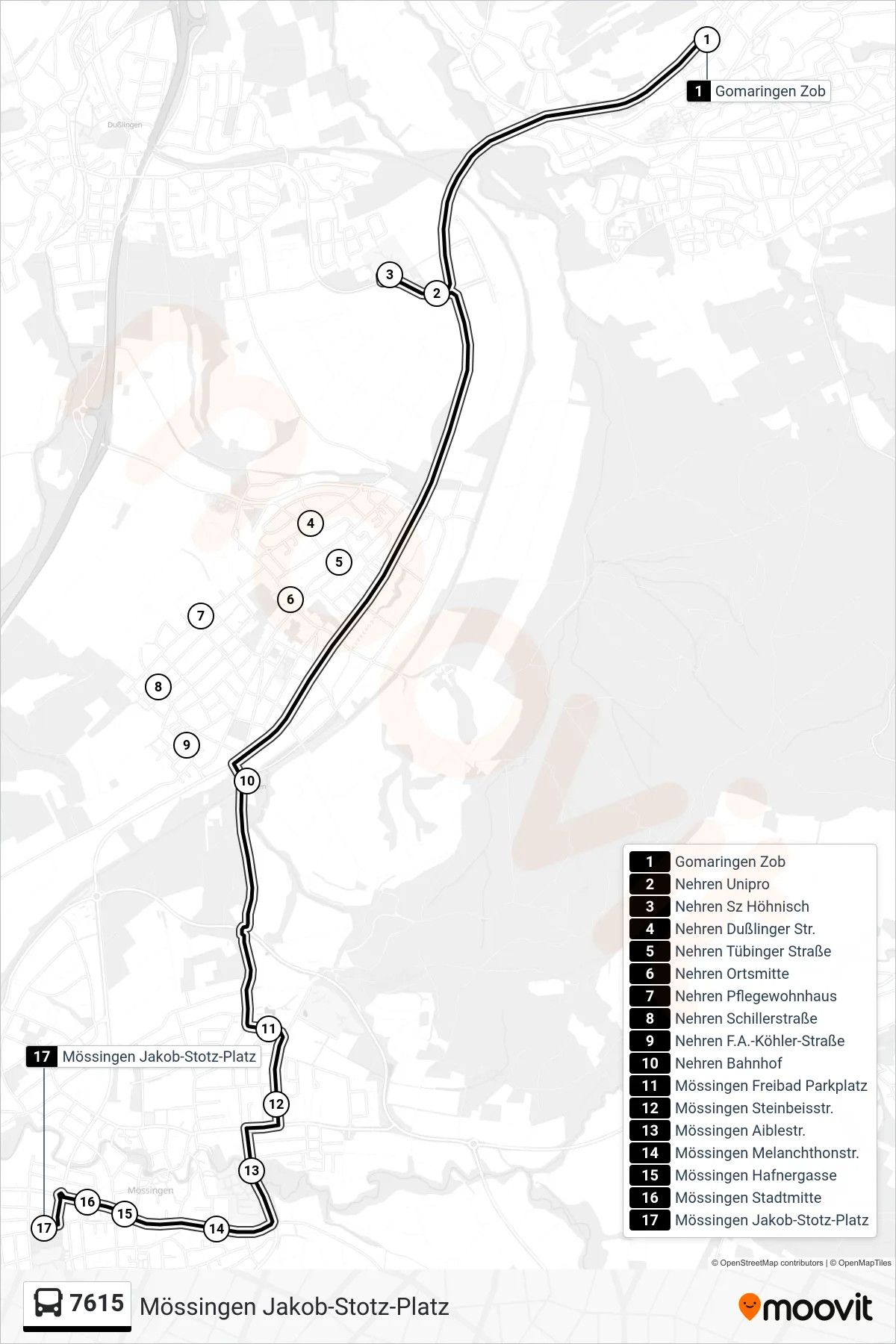 7615 bus Line (Mössingen Jakob-Stotz-Platz) route and stops on a map