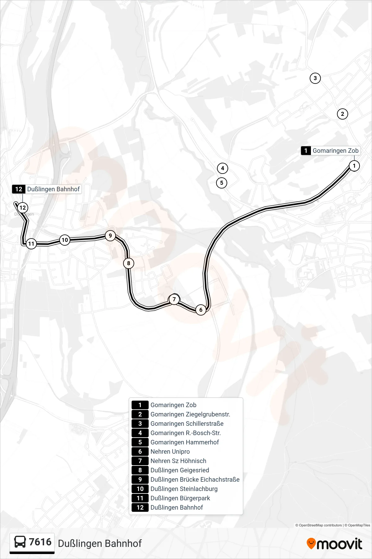 7616 bus Line (Dußlingen Bahnhof) route and stops on a map