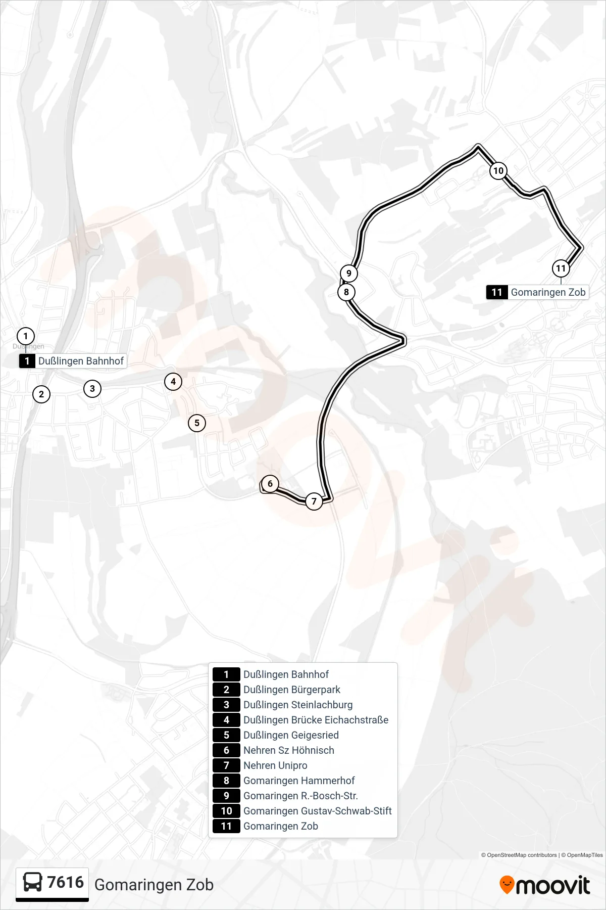 7616 bus Line (Gomaringen Zob) route and stops on a map