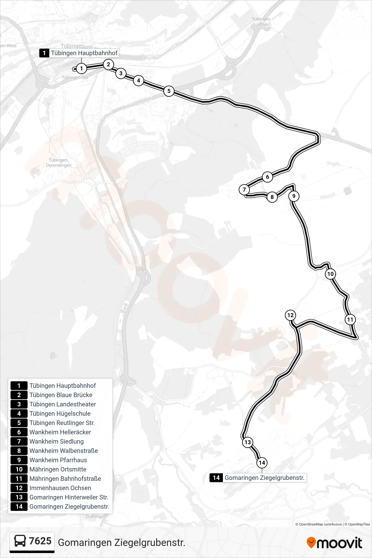 7625 bus Line (Gomaringen Ziegelgrubenstr.) route and stops on a map