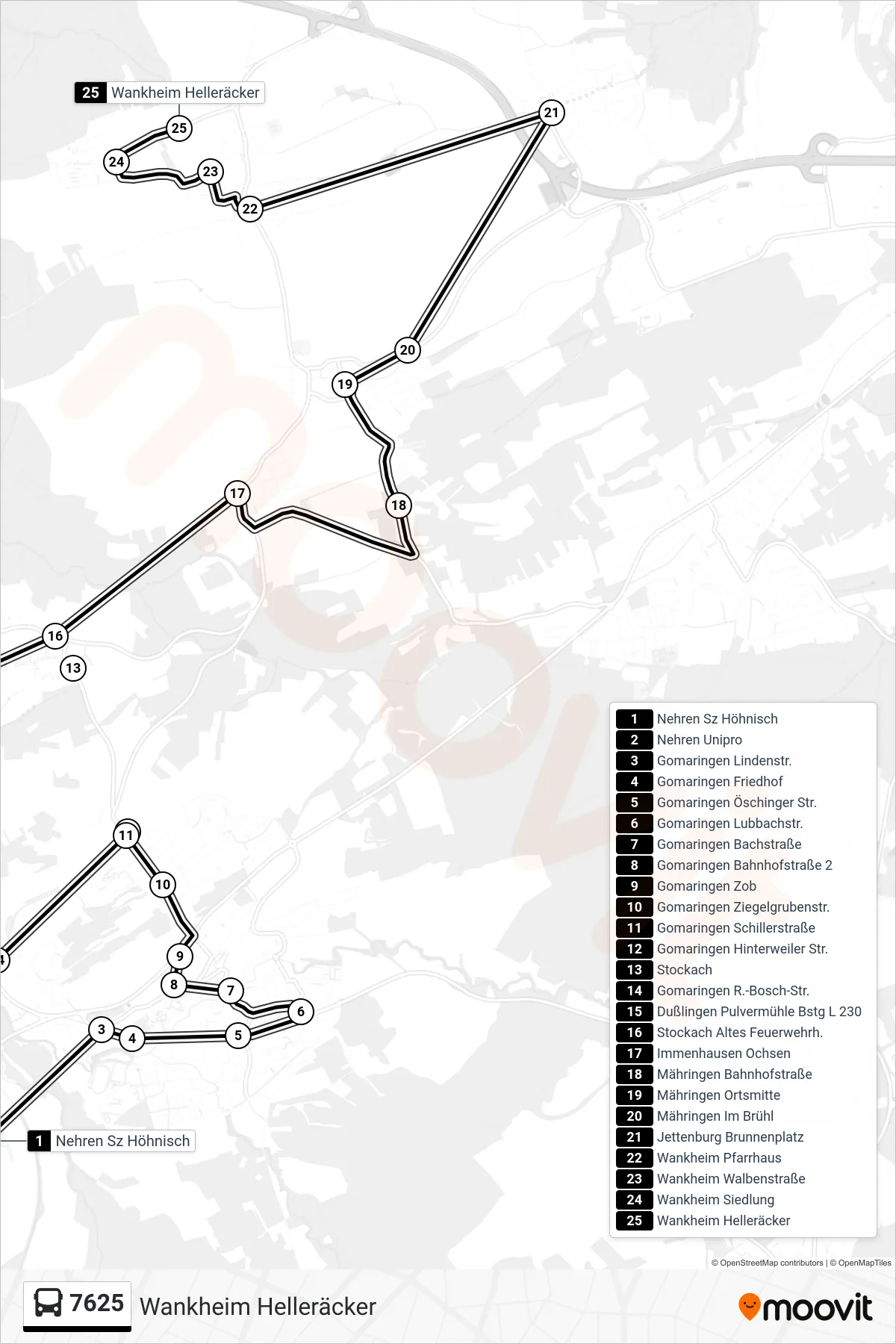 7625 bus Line (Wankheim Helleräcker) route and stops on a map