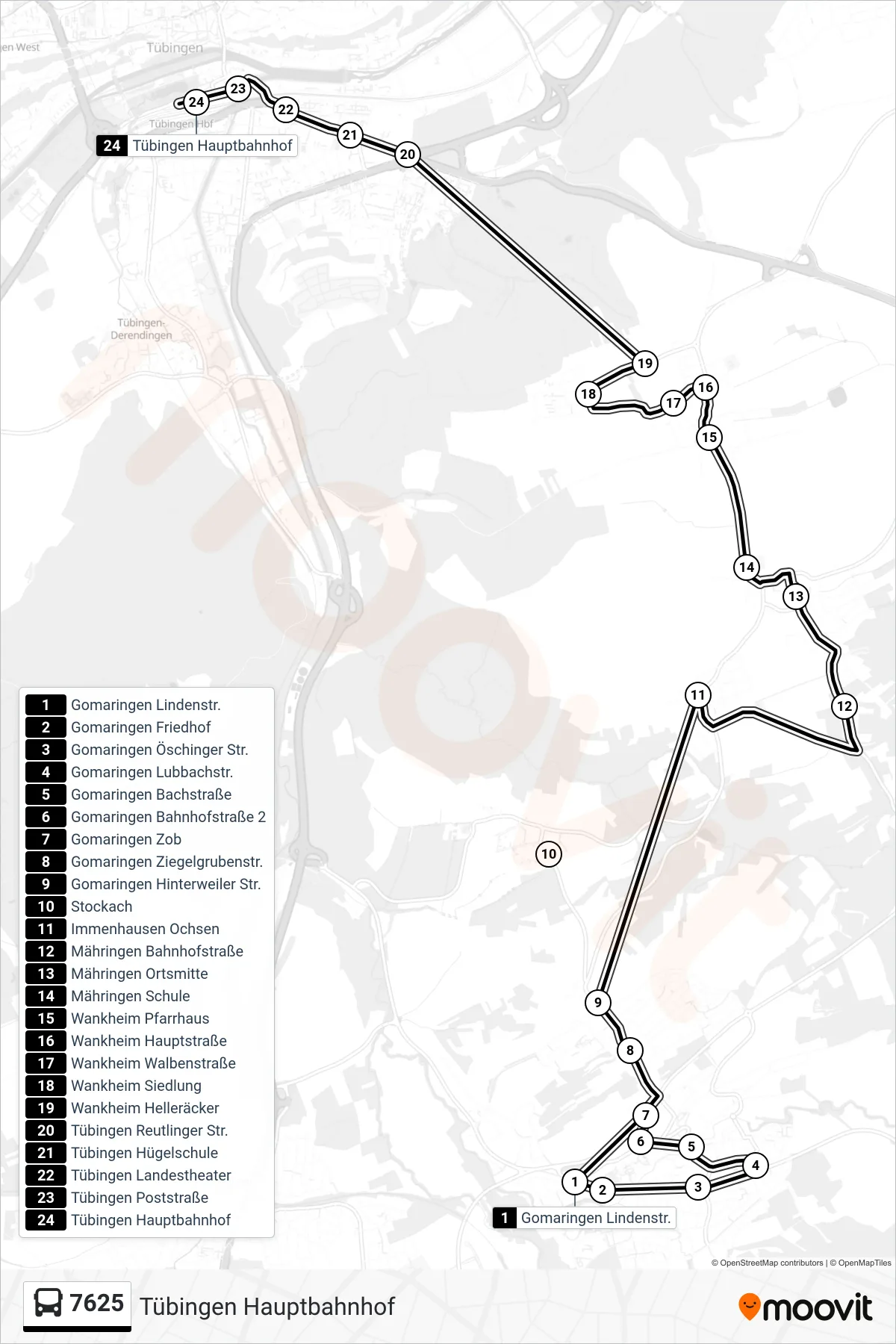 7625 bus Line (Tübingen Hauptbahnhof) route and stops on a map