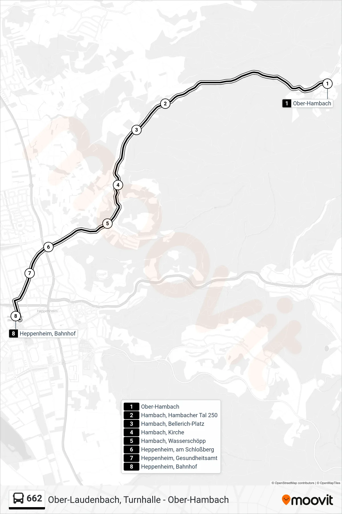662 bus Line (Heppenheim, Bahnhof) route and stops on a map