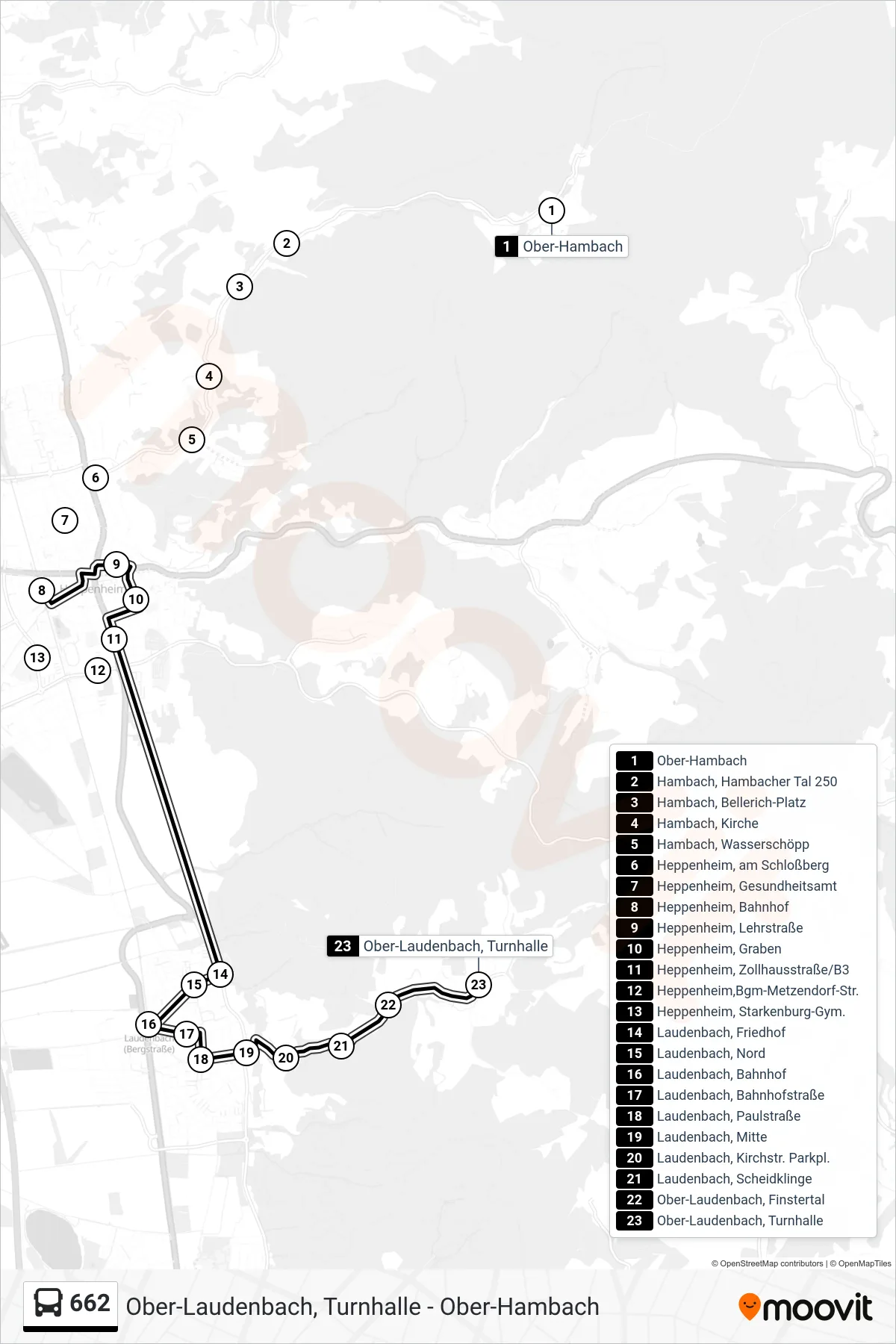 662 bus Line (Ober-Laudenbach, Turnhalle) route and stops on a map