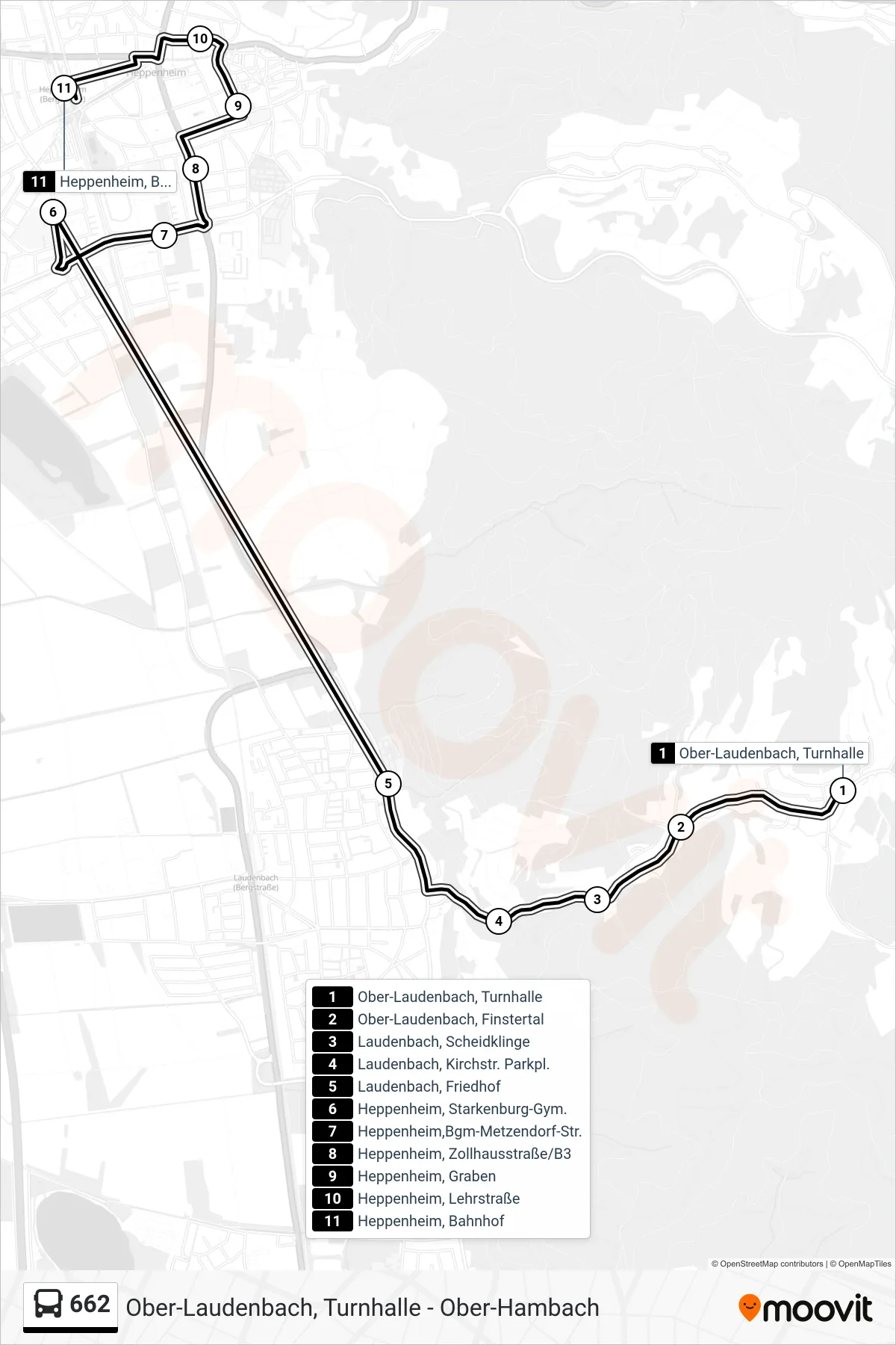 662 bus Line (Heppenheim, Bahnhof) route and stops on a map