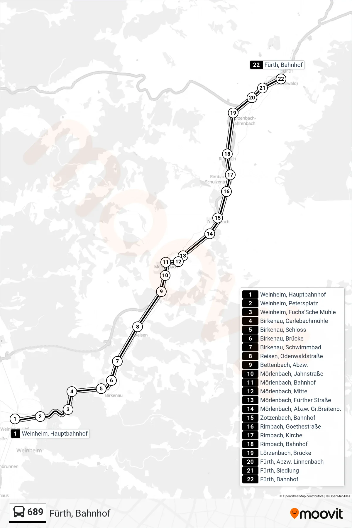Linie 689 (Bus) Richtung Fürth, Bahnhof: Route und Haltestellen auf der Karte
