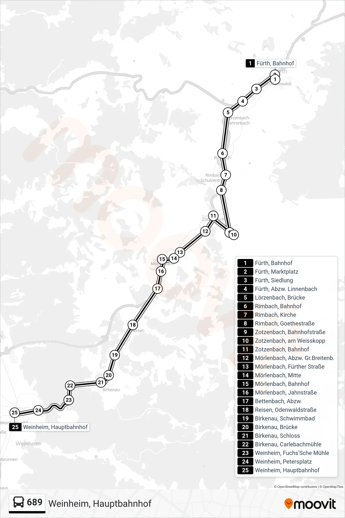 689 bus Line (Weinheim, Hauptbahnhof) route and stops on a map