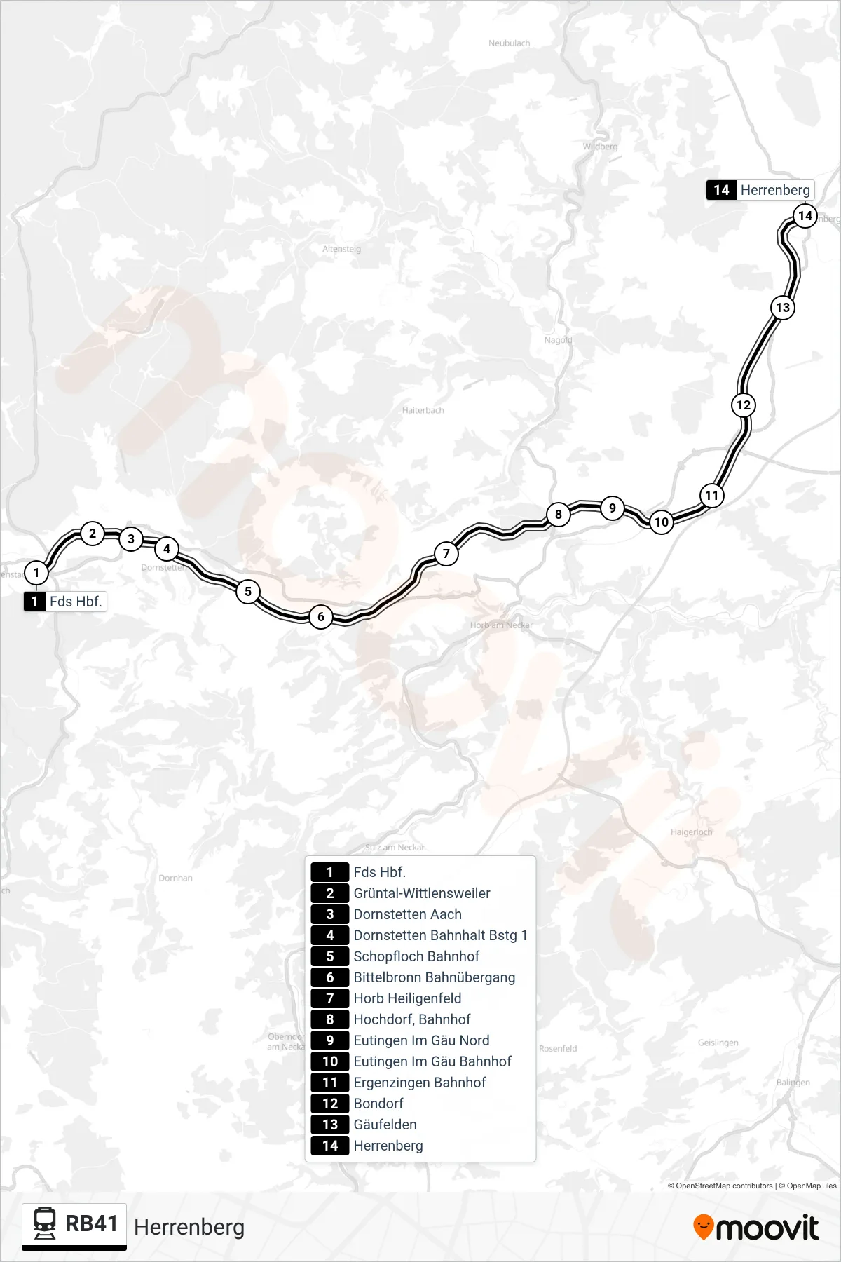 RB41 train Line (Herrenberg) route and stops on a map