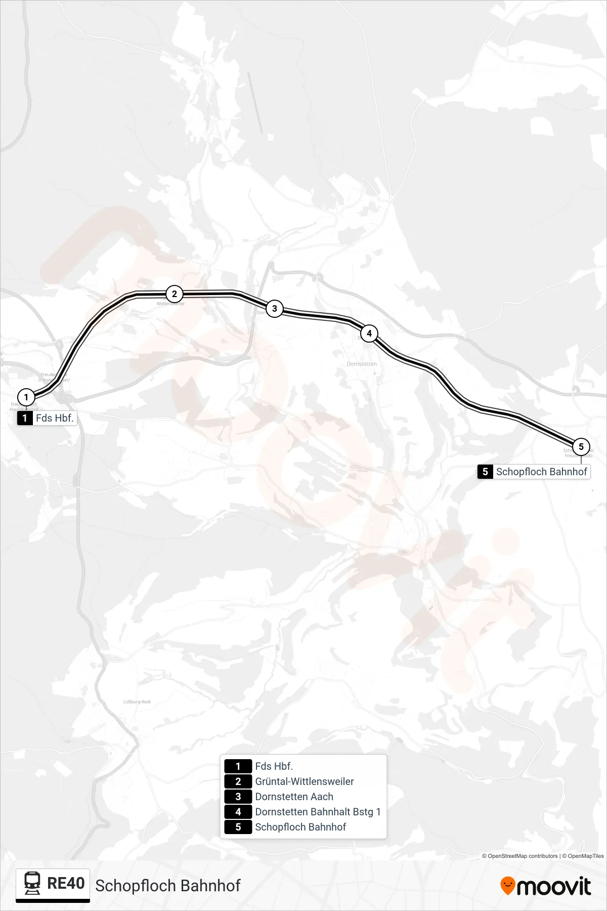 RE40 train Line (Schopfloch Bahnhof) route and stops on a map