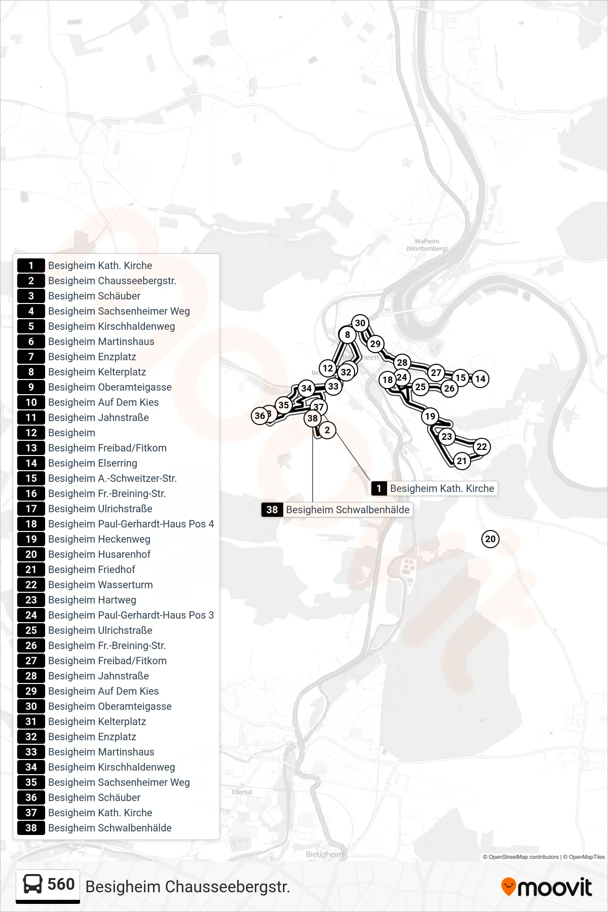 Linie 560 (Tram) Richtung Besigheim Chausseebergstr.: Route und Haltestellen auf der Karte