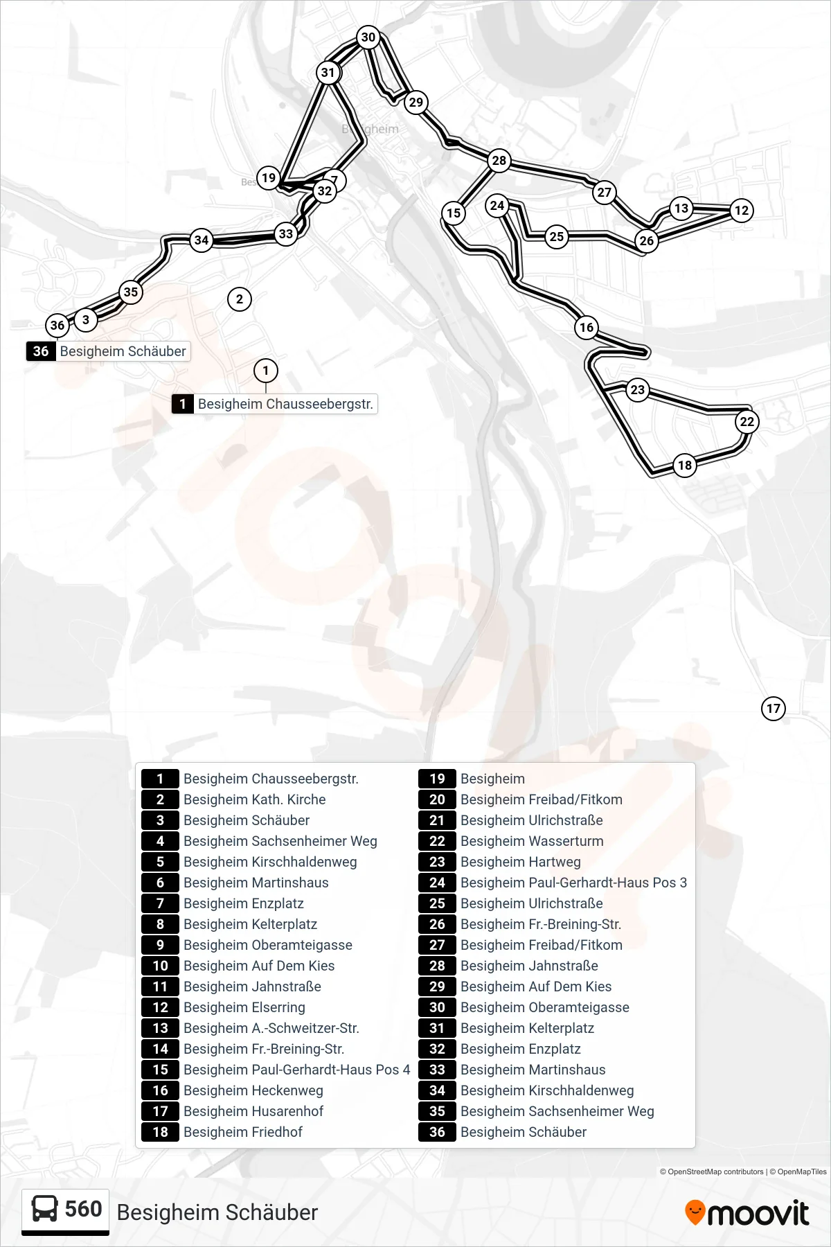 560 tram Line (Besigheim Schäuber) route and stops on a map