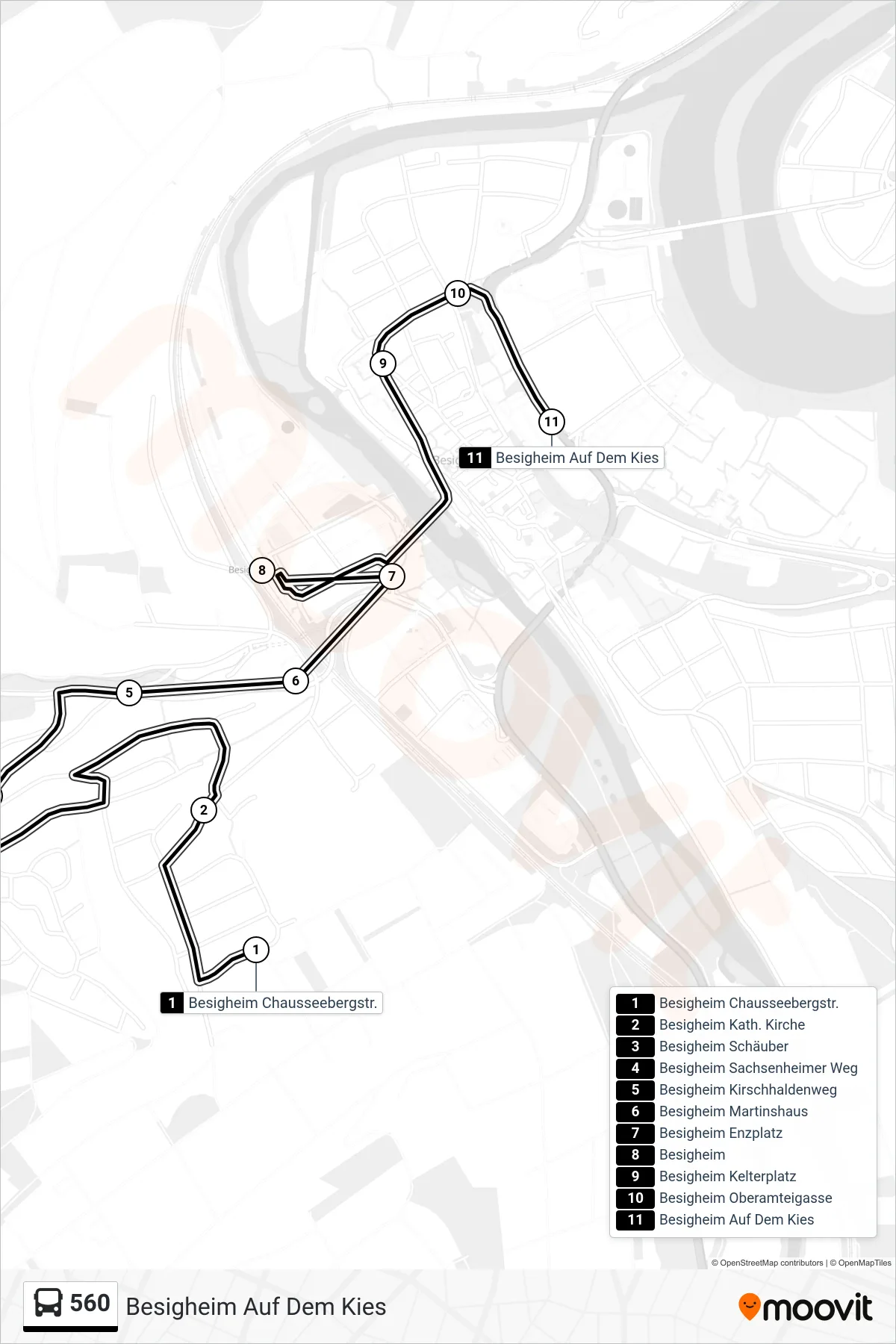 560 tram Line (Besigheim Auf Dem Kies) route and stops on a map