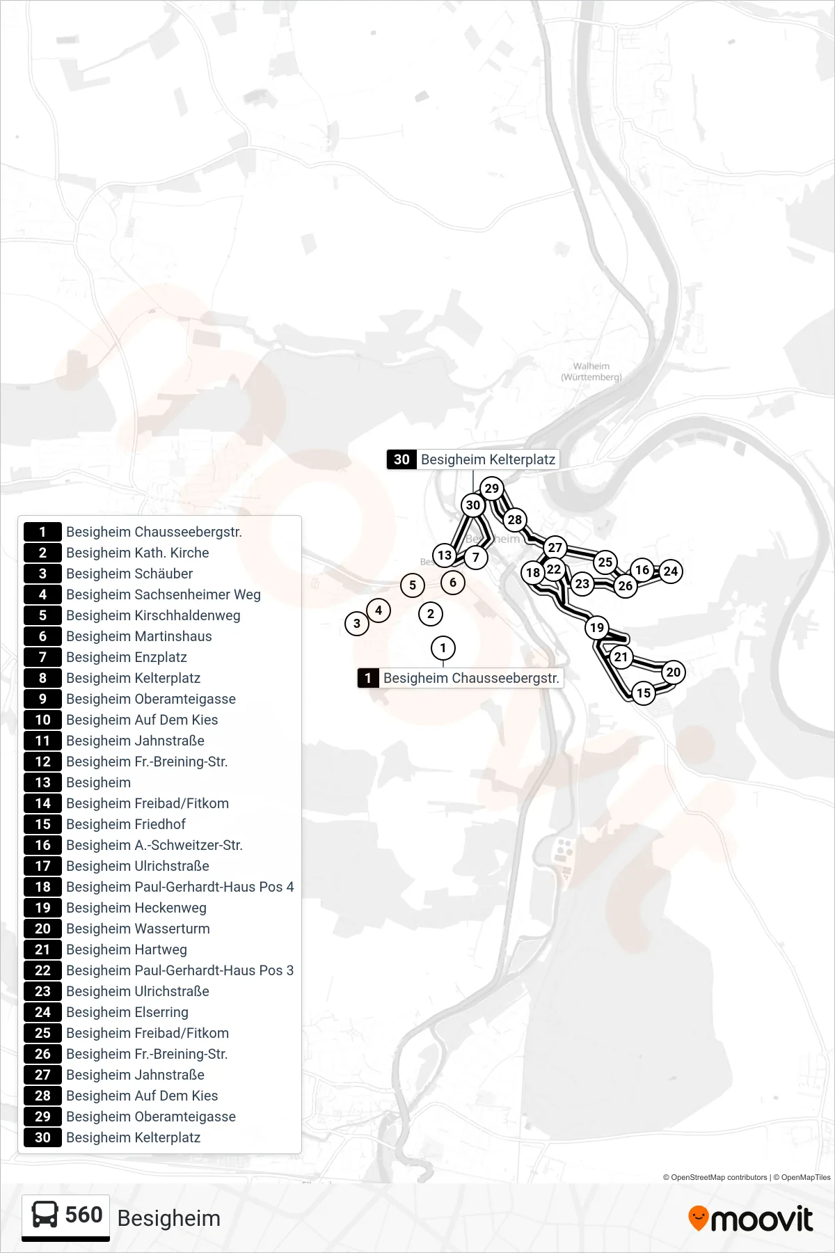 560 tram Line (Besigheim) route and stops on a map