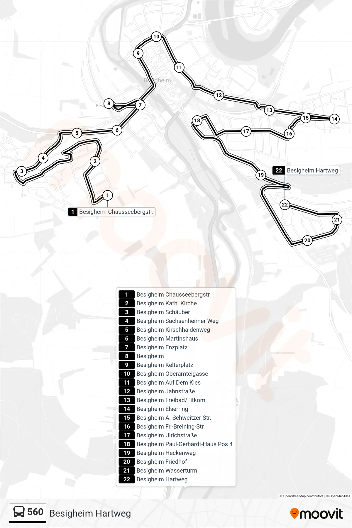 560 tram Line (Besigheim Hartweg) route and stops on a map
