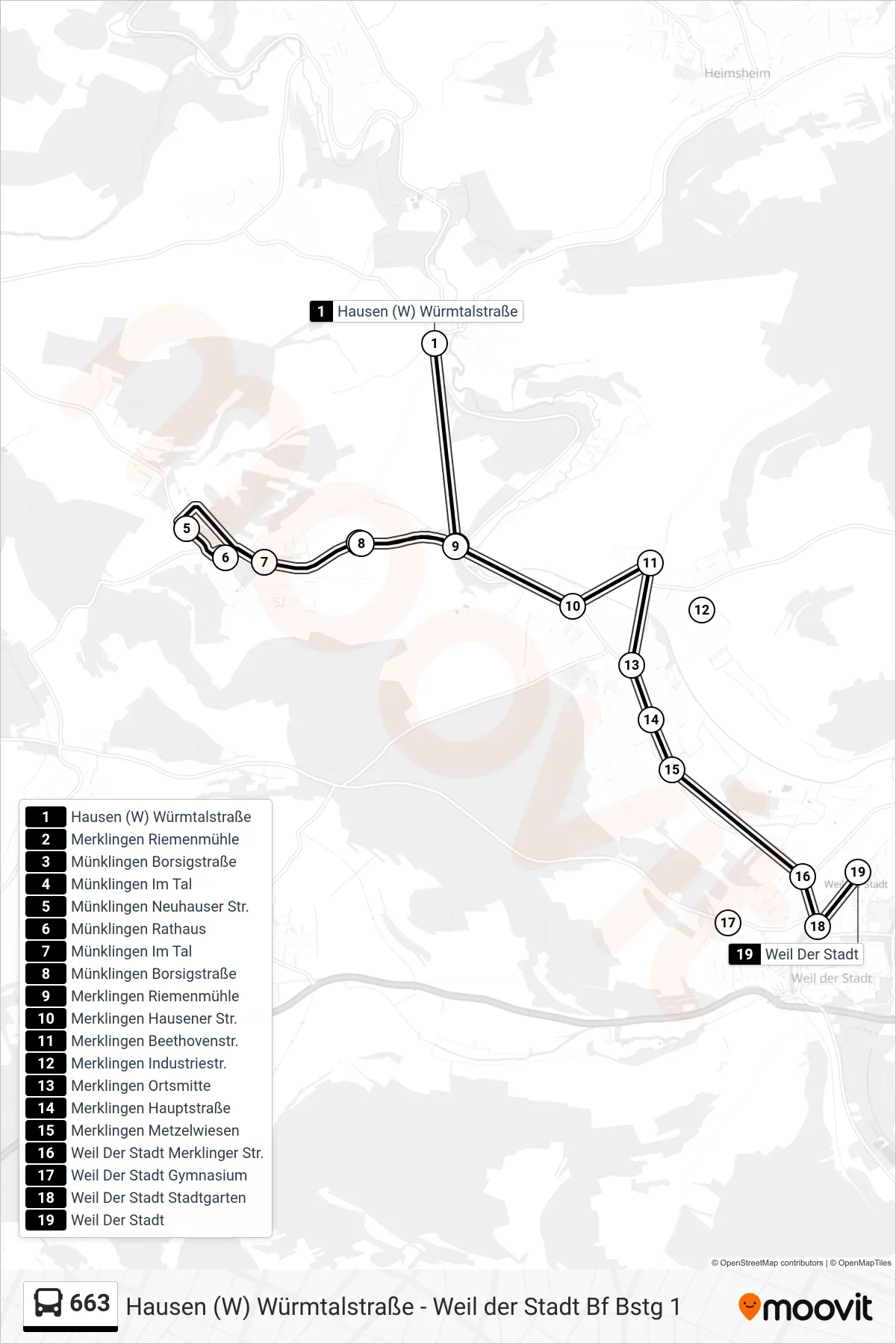 Linie 663 (Tram) Richtung Weil Der Stadt: Route und Haltestellen auf der Karte